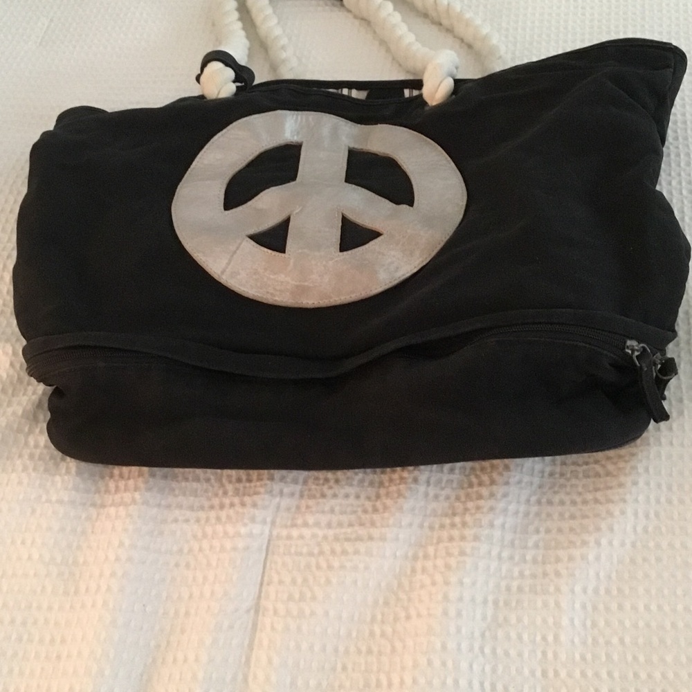 Black Tote with Silver Peace Emblem and Rope Handles